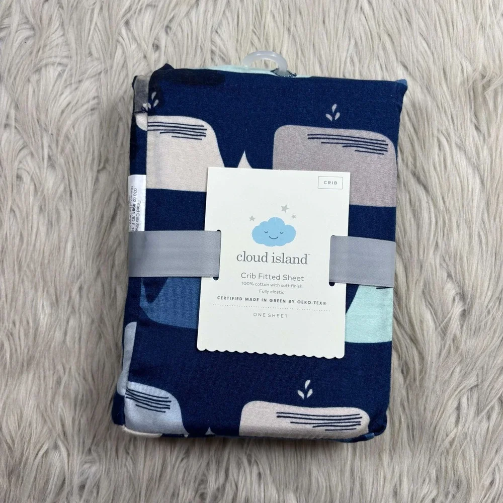 NEW Cloud Island Fitted Crib Sheet 100% Cotton Navy Blue Gray Whale Print